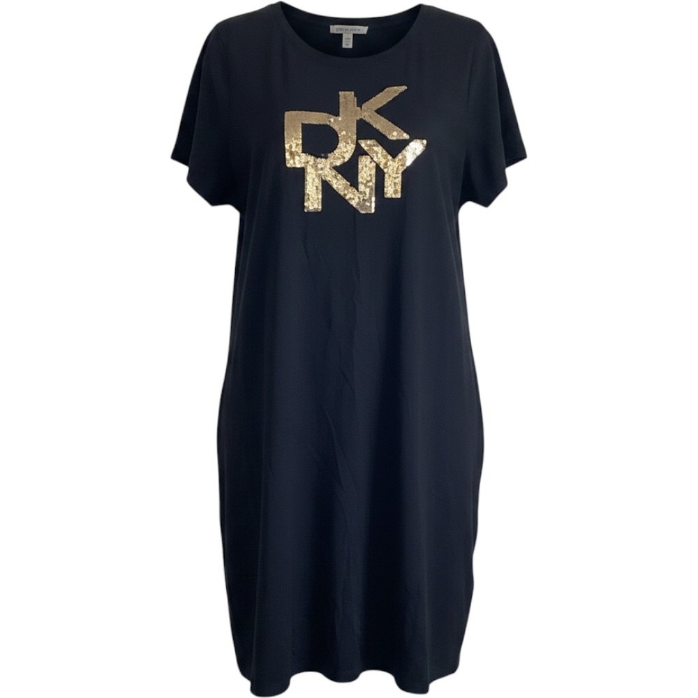 DKNY Womens Black Gold Sequin Logo T-Shirt Dress Size 2X Plus Short Sleeve Shift - Picture 1 of 10